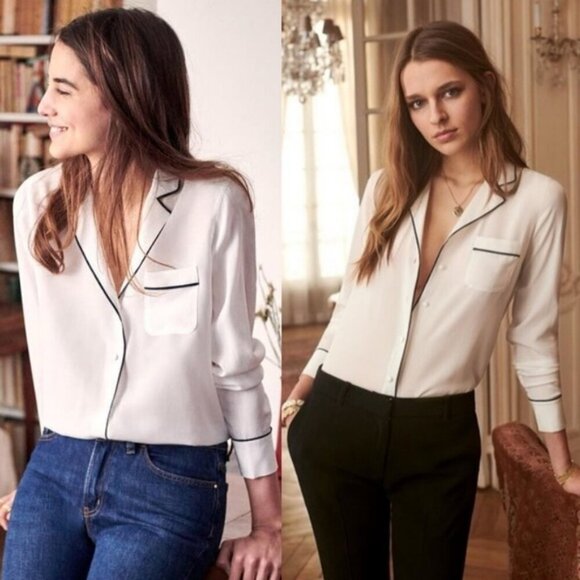 Sezane 100% Silk Elisa Black Ecru White Size 36 French / US 4 Button Top Blouse - Picture 1 of 14